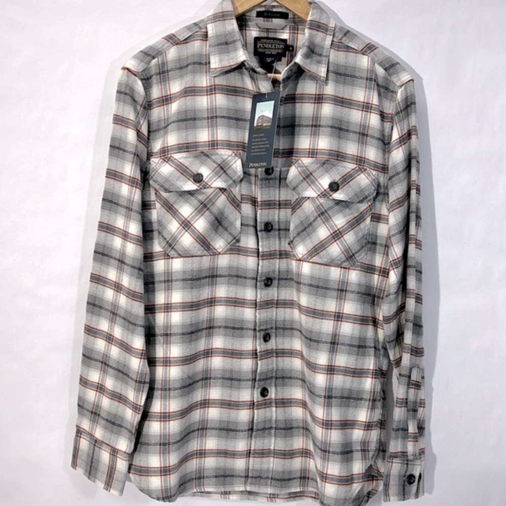 NWT Pendleton Burnside grey, blue & red plaid flannel shirt. S & M
